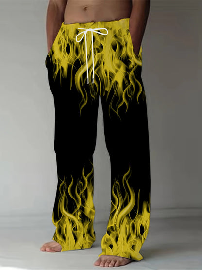 Pantalones de moda de verano para hombre, pantalones de pierna recta con estampado de llamas Retro informales, pantalones holgados con cordón como regalo