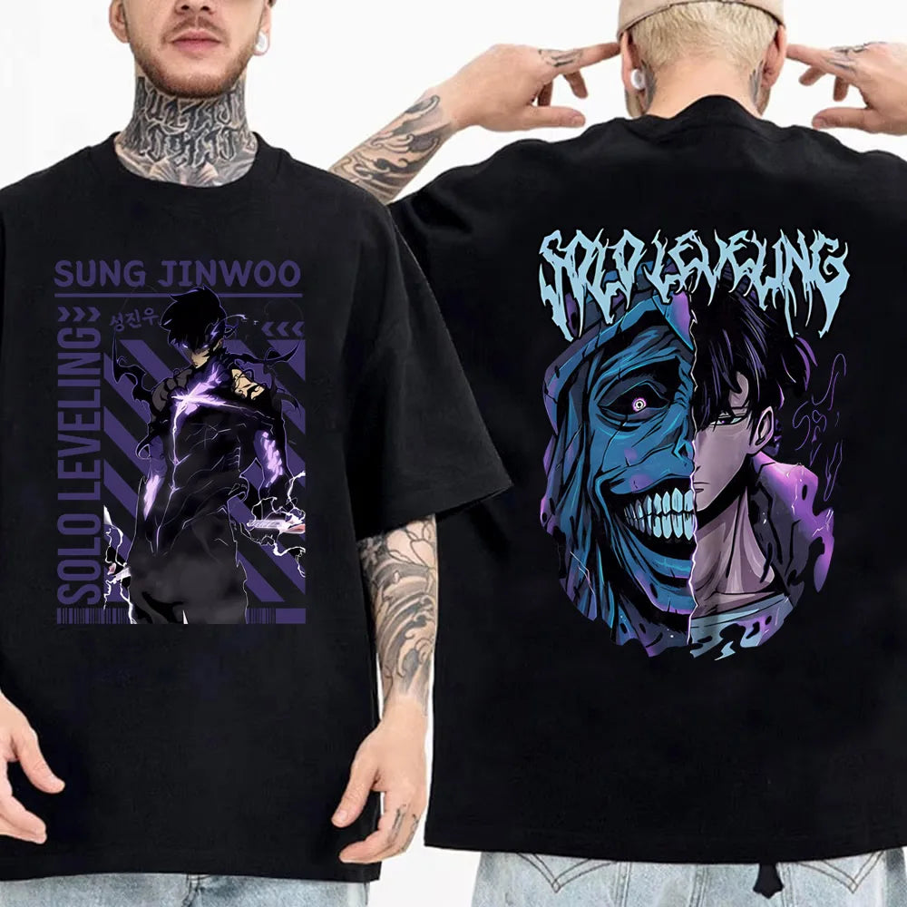 Camiseta de anime japonés Solo Leveling para hombre, camisetas gráficas de dibujos animados de Sung Jinwoo, camiseta Harajuku de manga corta de algodón de alta calidad