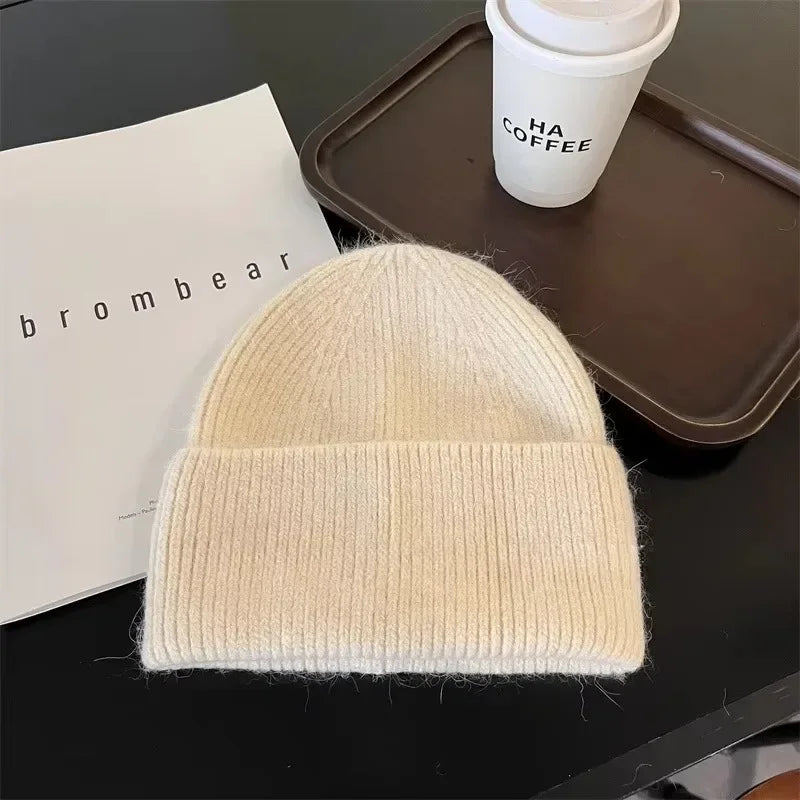 Gorro de punto de Angora para mujer, gorros de punto esponjosos de piel de conejo, gorro de lujo de Corea para mujer