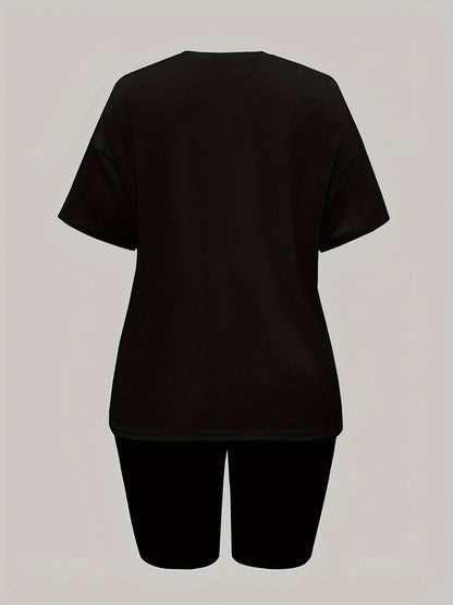 Conjunto de dos piezas de camiseta y pantalones cortos de manga corta con cuello redondo y estampado de letras  para mujer, estilo informal, holgado y de verano
