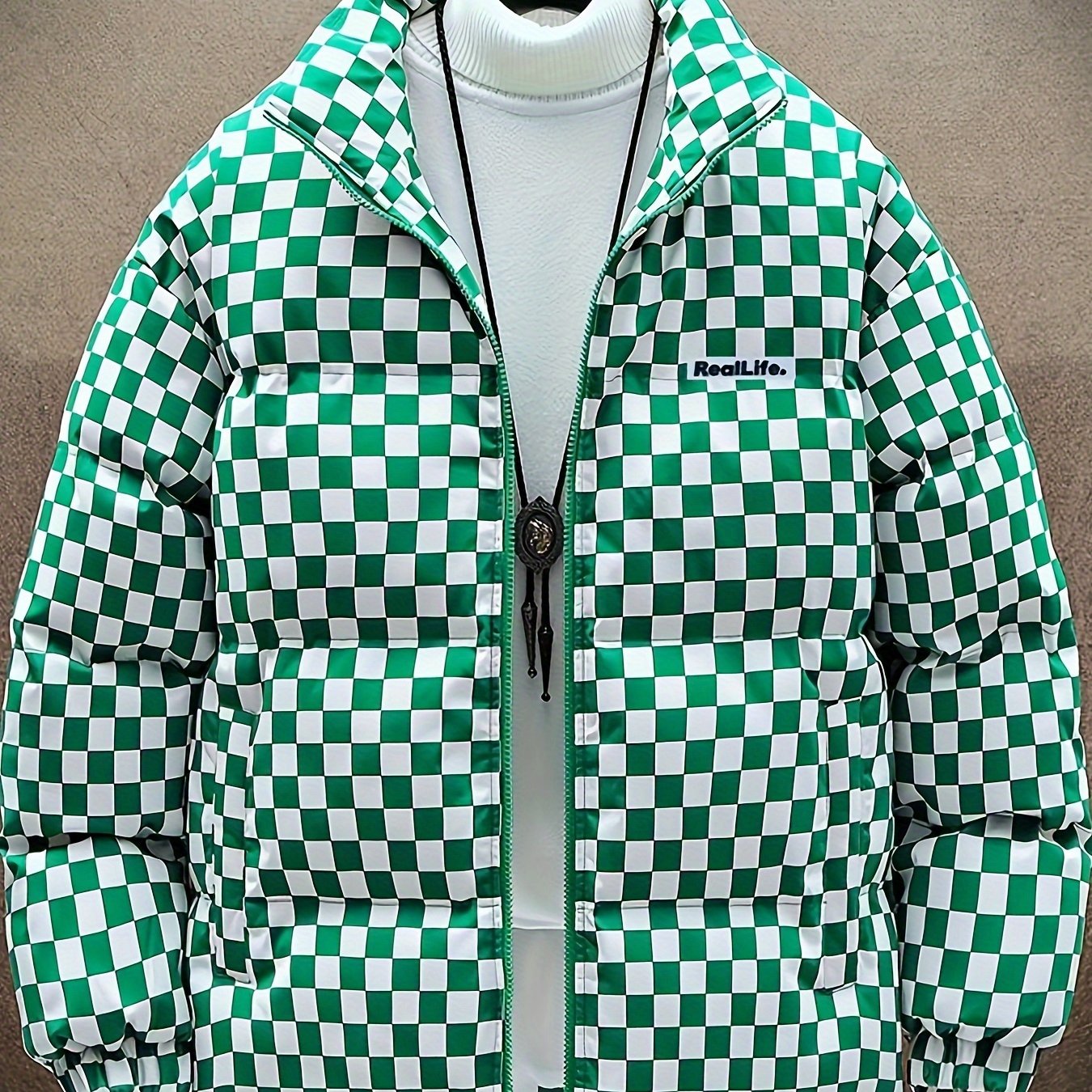 Chaqueta de invierno acolchada para hombre, verde y blanca, con diseño de cuadros, gruesa y aislada, con cuello alto