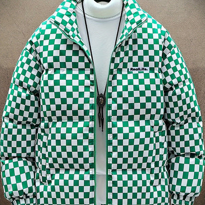 Chaqueta de invierno acolchada para hombre, verde y blanca, con diseño de cuadros, gruesa y aislada, con cuello alto