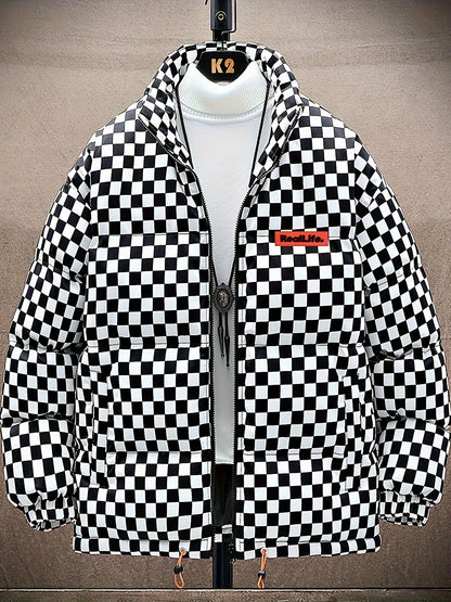 Chaqueta de invierno acolchada para hombre, verde y blanca, con diseño de cuadros, gruesa y aislada, con cuello alto