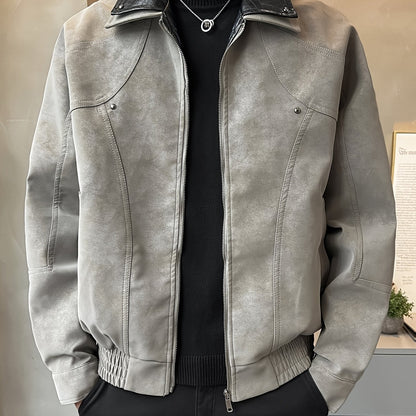 Chaqueta Casual de Cuero Sintético para Hombre - Abrigo Holgado de Manga Larga con Cremallera y Hombros Caídos, Cuello de Dos Capas y Bolsillos
