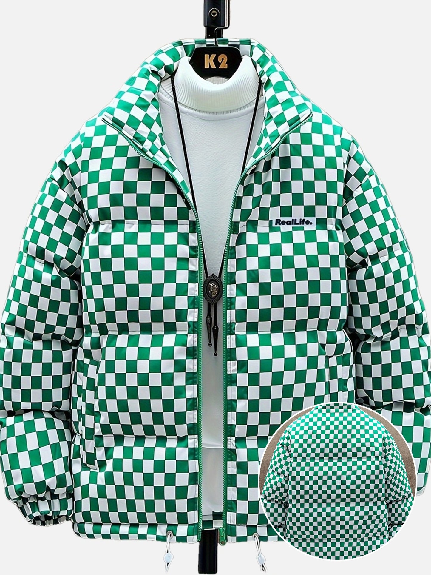 Chaqueta de invierno acolchada para hombre, verde y blanca, con diseño de cuadros, gruesa y aislada, con cuello alto