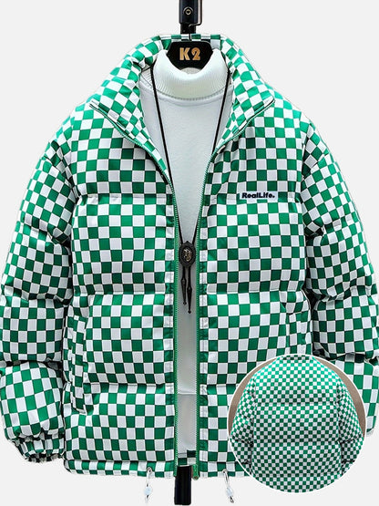 Chaqueta de invierno acolchada para hombre, verde y blanca, con diseño de cuadros, gruesa y aislada, con cuello alto