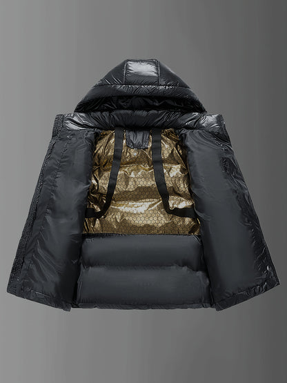 Chaqueta de Invierno para Hombre de Alta Resistencia con Capucha - Grado Marino - Abrigo Acolchado, Cremallera Dorada y Bolsillos con Letras