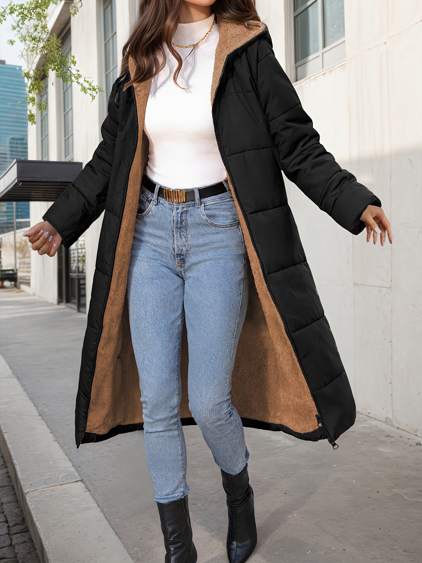 Abrigo Elegante para Mujer con Capucha Acolchada y Textura de Peluche