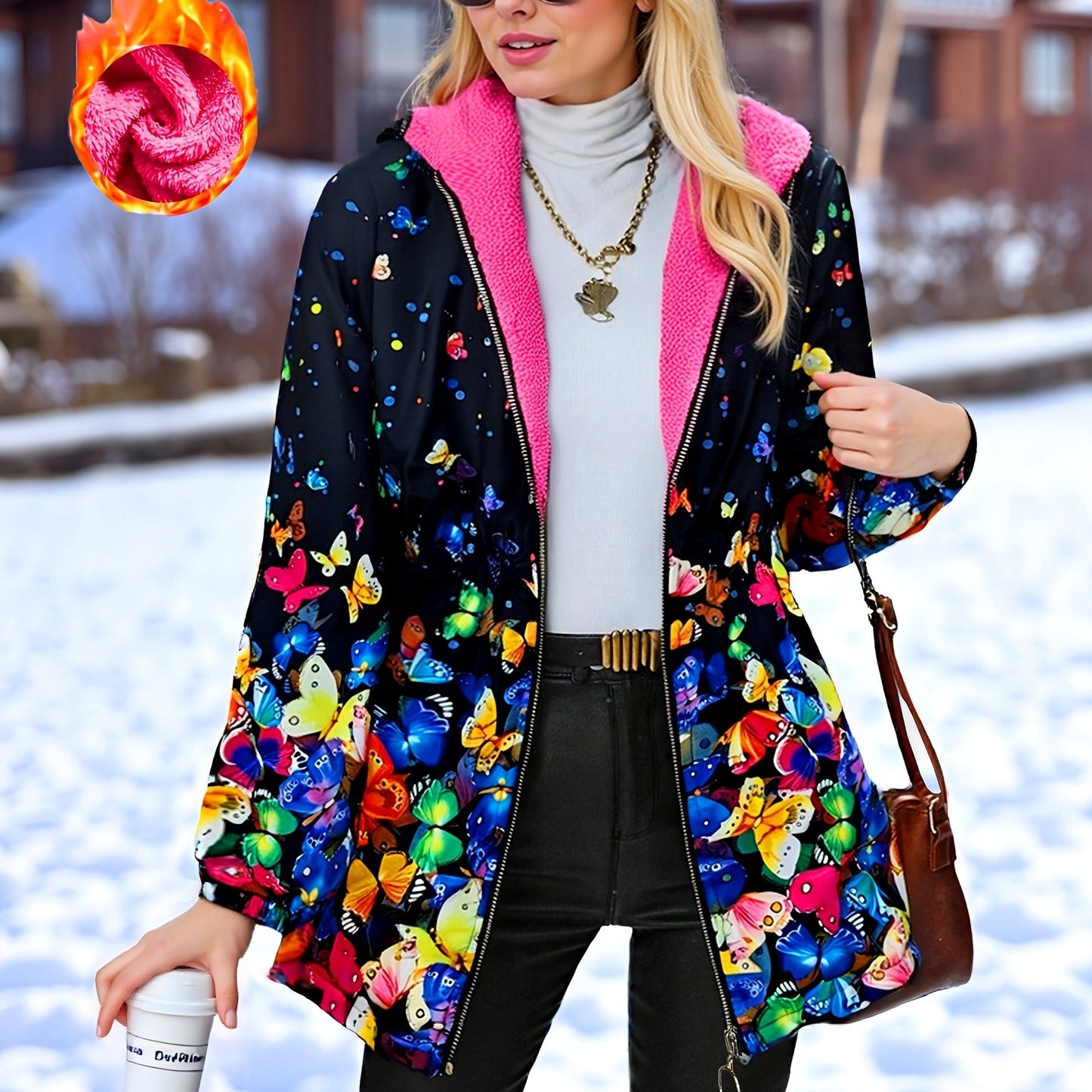Chaqueta de Invierno Elegante para Mujer con Estampado de Mariposas