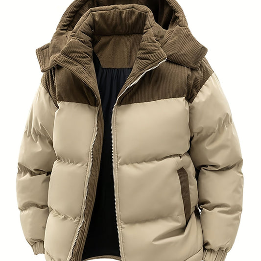 Nueva chaqueta de moda con detalles de panel de corduroy. Este estilo de pareja con forro y capucha cuenta con aislamiento reforzado para el calor y un ajuste suelto, perfecto como capa exterior de invierno
